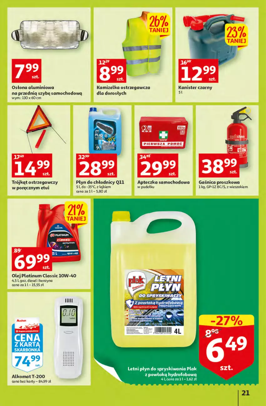 Gazetka promocyjna Auchan - przeNISKIE CENY WAKACYJNE przeOKAZJE Hipermarkety - ważna 23.06 do 29.06.2022 - strona 21 - produkty: Alkomat, Apteczka samochodowa, Diesel, Gaśnica, Kamizelka, Olej, Płyn do chłodnic, Por, Trójkąt ostrzegawczy, Wieszak