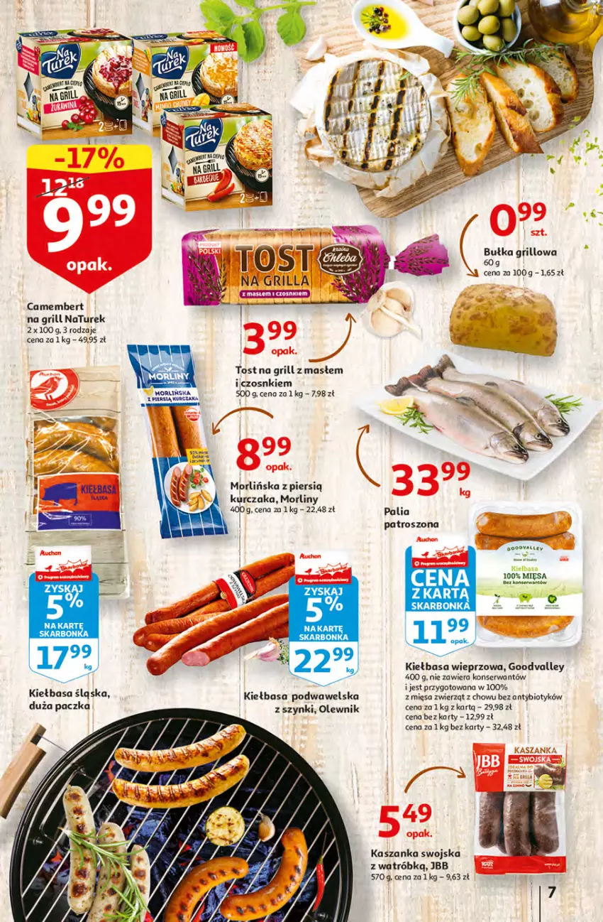 Gazetka promocyjna Auchan - przeNISKIE CENY WAKACYJNE przeOKAZJE Hipermarkety - ważna 23.06 do 29.06.2022 - strona 7 - produkty: Bułka, Camembert, Fa, Grill, Kasza, Kaszanka, Kiełbasa, Kiełbasa podwawelska, Kiełbasa śląska, Kurczak, Morliny, NaTurek, Olewnik, Ser, Wawel