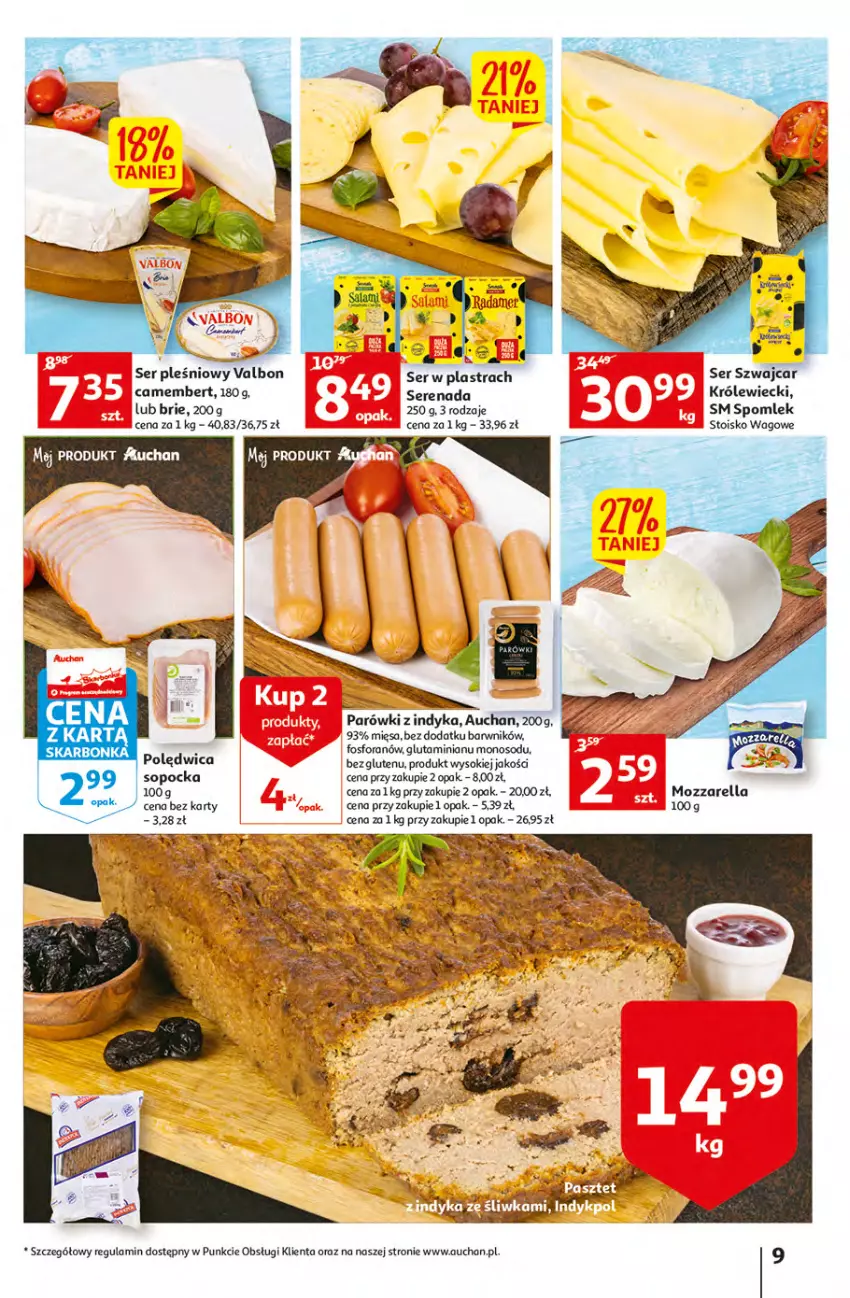 Gazetka promocyjna Auchan - przeNISKIE CENY WAKACYJNE przeOKAZJE Hipermarkety - ważna 23.06 do 29.06.2022 - strona 9 - produkty: Brie, Mozzarella, Parówki, Parówki z indyka, Polędwica, Ser, Ser pleśniowy, Sok