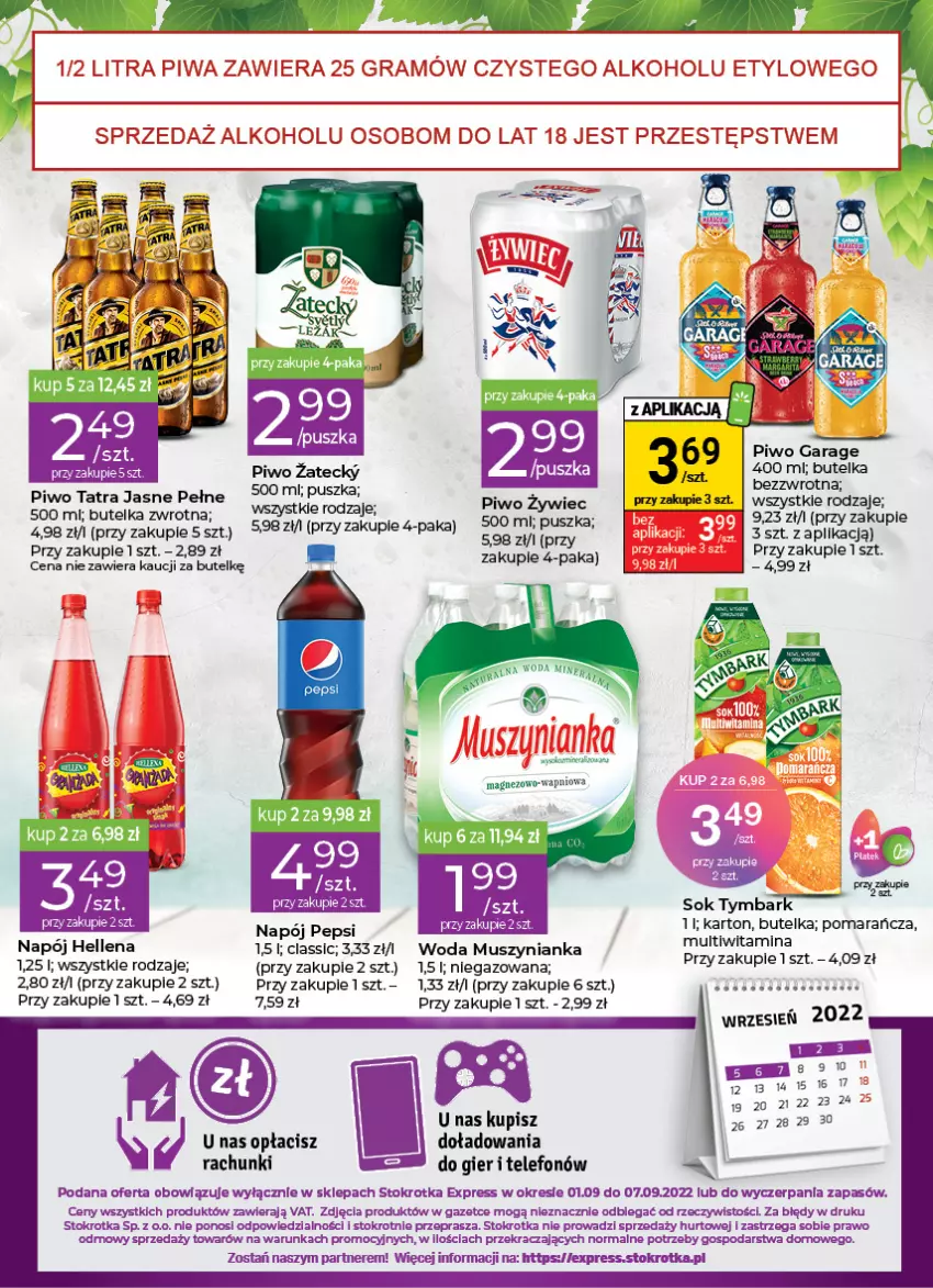 Gazetka promocyjna Stokrotka - Stokrotka Express - ważna 01.09 do 07.09.2022 - strona 4 - produkty: Hellena, Mus, Muszynianka, Napój, Pepsi, Piwo, Sok, Telefon, Tymbark, Woda