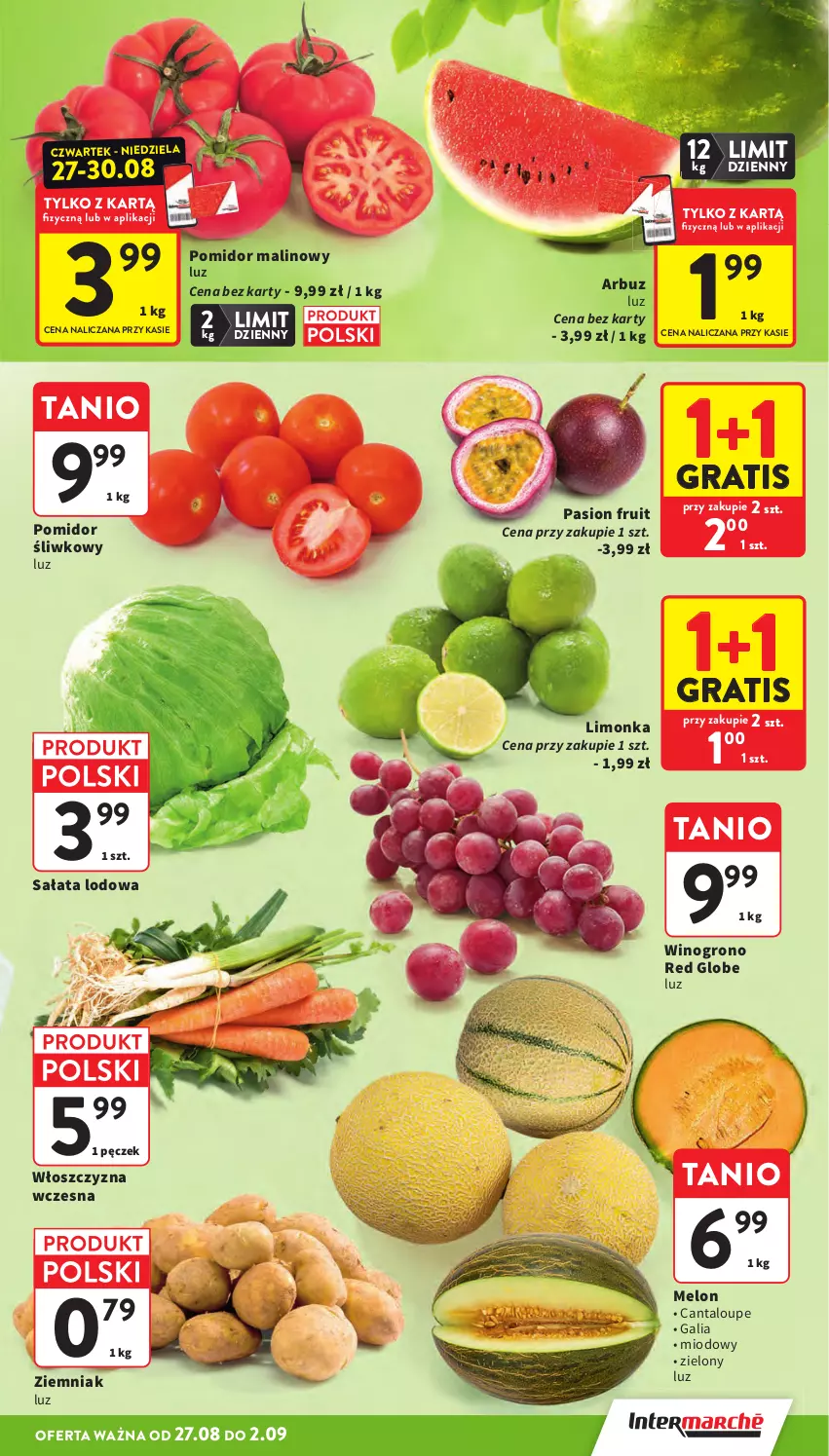 Gazetka promocyjna Intermarche - Gazetka promocyjna - ważna 27.08 do 02.09.2026 - strona 13 - produkty: Arbuz, Gra, Limonka, Melon, Pomidor malinowy, Sałat, Sałata lodowa, Wino