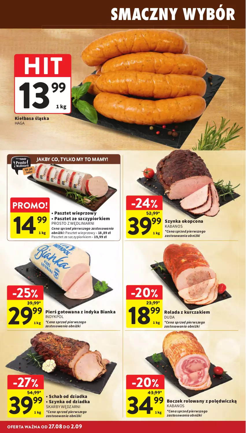 Gazetka promocyjna Intermarche - Gazetka promocyjna - ważna 27.08 do 02.09.2026 - strona 16 - produkty: Bianka, Boczek, Duda, Kabanos, Kiełbasa, Kiełbasa śląska, Kurczak, Pasztet, Rolada, Szynka