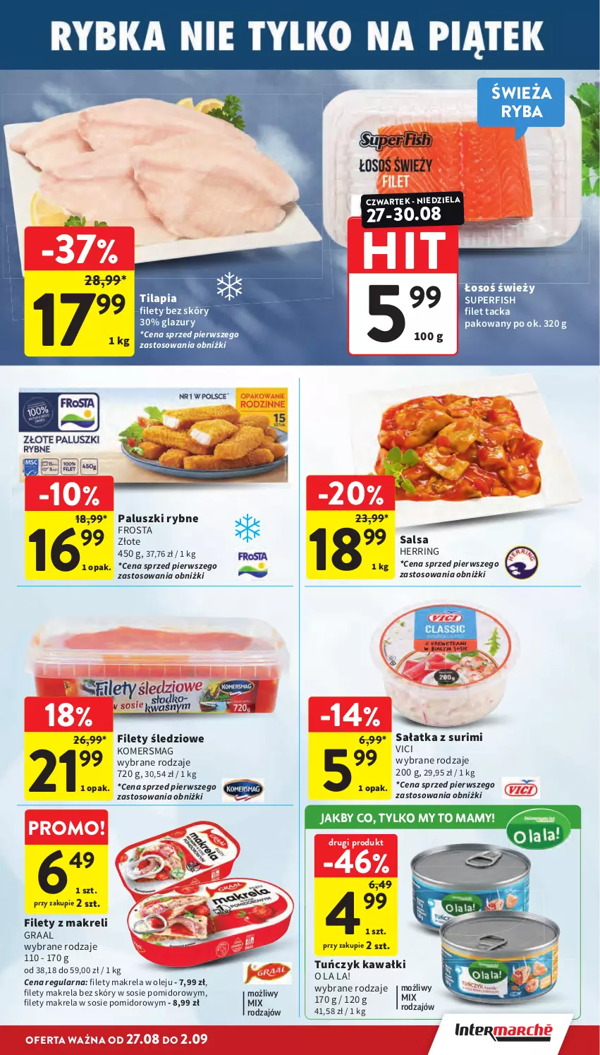 Gazetka promocyjna Intermarche - Gazetka promocyjna - ważna 27.08 do 02.09.2026 - strona 19 - produkty: Frosta, Gra, Graal, Kawa, Lazur, Olej, Paluszki rybne, Ryba, Sałat, Sałatka, Salsa, Sos, Surimi, Tilapia, Tuńczyk