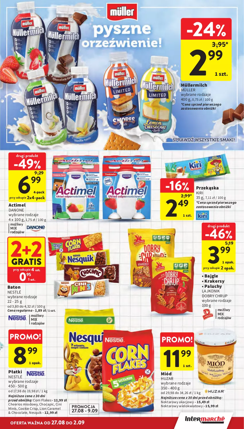 Gazetka promocyjna Intermarche - Gazetka promocyjna - ważna 27.08 do 02.09.2026 - strona 21 - produkty: Actimel, Bajgle, Baton, Cheerios, Cini Minis, Corn flakes, Danone, Gra, Krakersy, Lajkonik, Lion, Miód, Müller, Müllermilch, Nektar, Nesquik, Nestlé