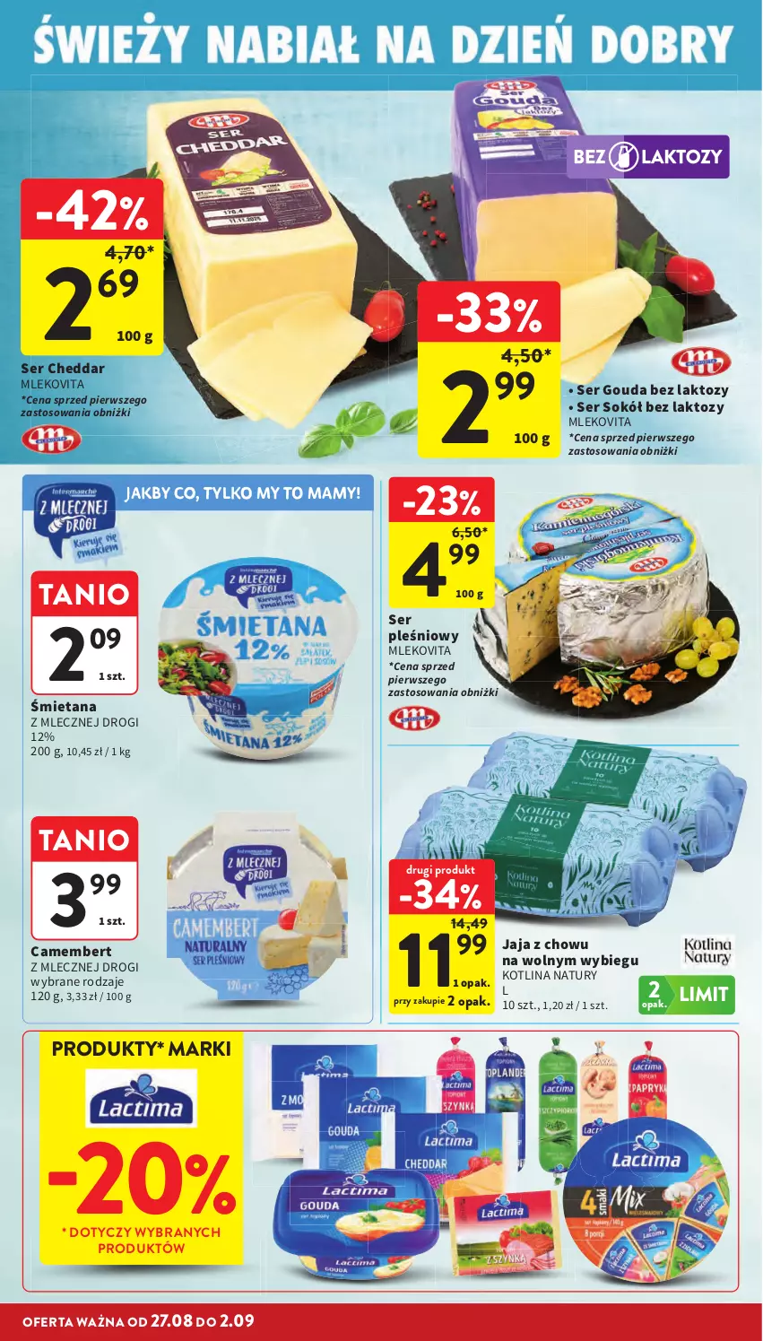 Gazetka promocyjna Intermarche - Gazetka promocyjna - ważna 27.08 do 02.09.2026 - strona 22 - produkty: Camembert, Cheddar, Gouda, Jaja, Kotlin, Mleko, Mlekovita, Ser, Ser pleśniowy, Sok, Sokół