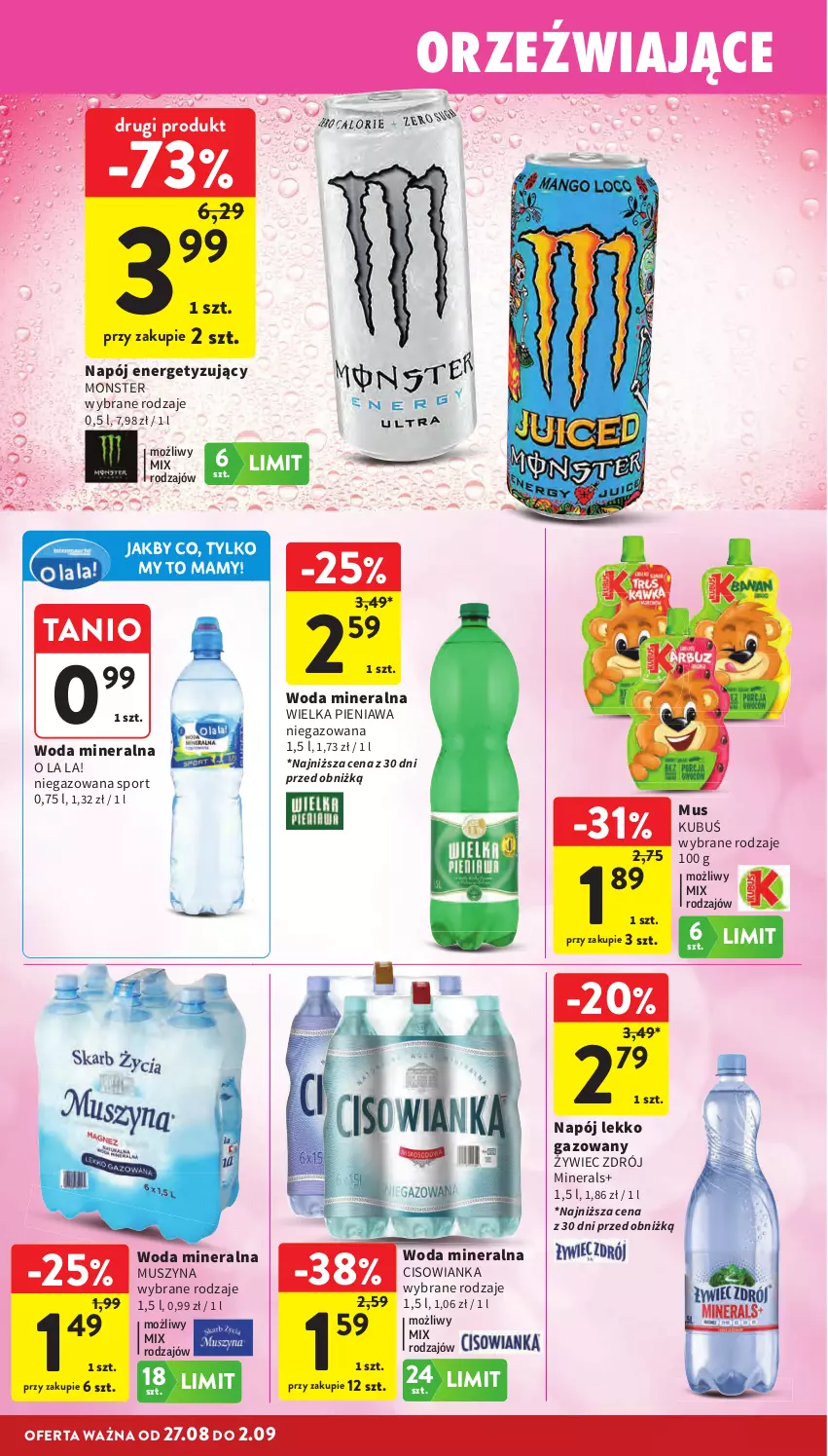 Gazetka promocyjna Intermarche - Gazetka promocyjna - ważna 27.08 do 02.09.2026 - strona 32 - produkty: Cisowianka, Kubuś, Mus, Napój, Por, Sport, Szyna, Woda, Woda mineralna