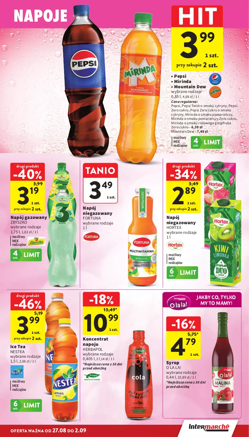 Gazetka promocyjna Intermarche - Gazetka promocyjna - ważna 27.08 do 02.09.2026 - strona 33 - produkty: Cytryny, Fortuna, Grejpfrut, Herbapol, Hortex, Ice tea, Mirinda, Napój, Napój gazowany, Napój niegazowany, Napoje, Nestea, Pepsi, Syrop