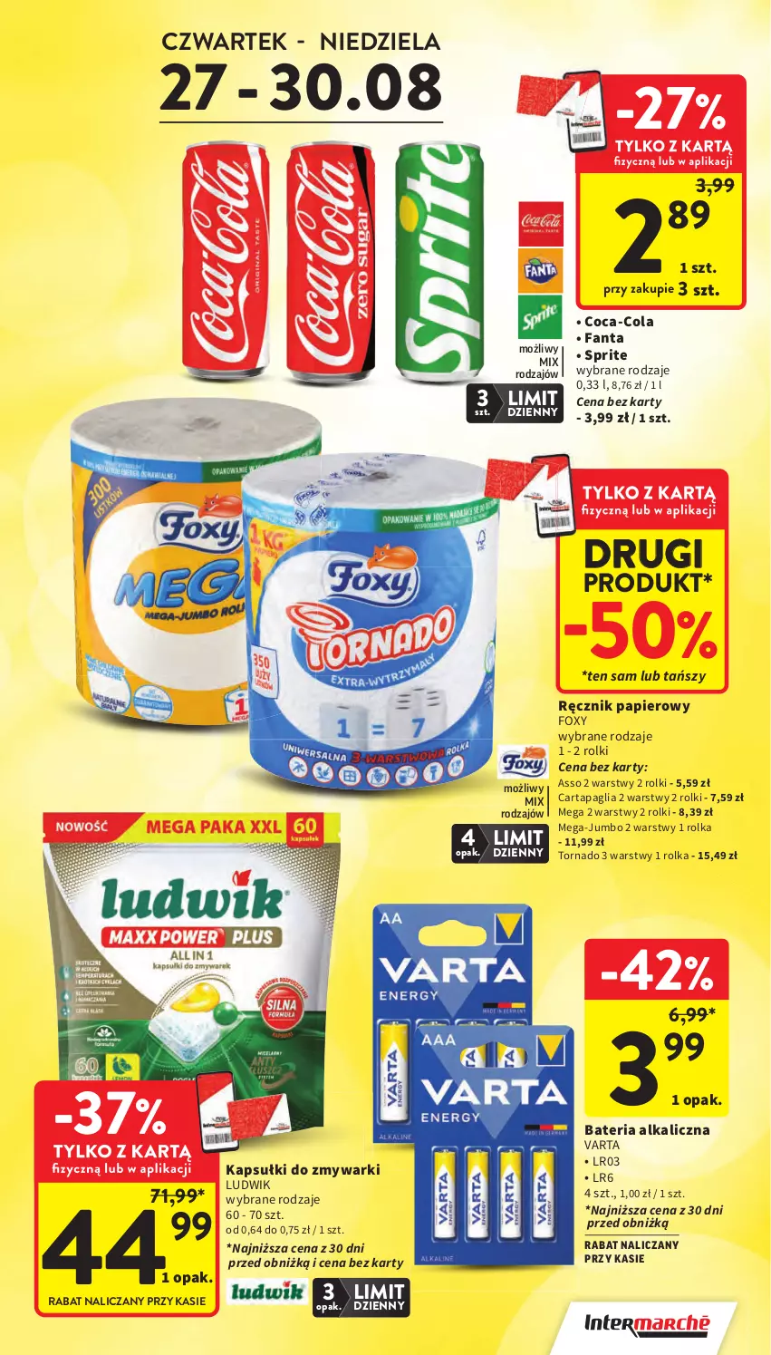 Gazetka promocyjna Intermarche - Gazetka promocyjna - ważna 27.08 do 02.09.2026 - strona 7 - produkty: Bateria, Coca-Cola, Fa, Fanta, Foxy, Ludwik, Papier, Ręcznik, Rolki, Sprite, Varta, Zmywarki