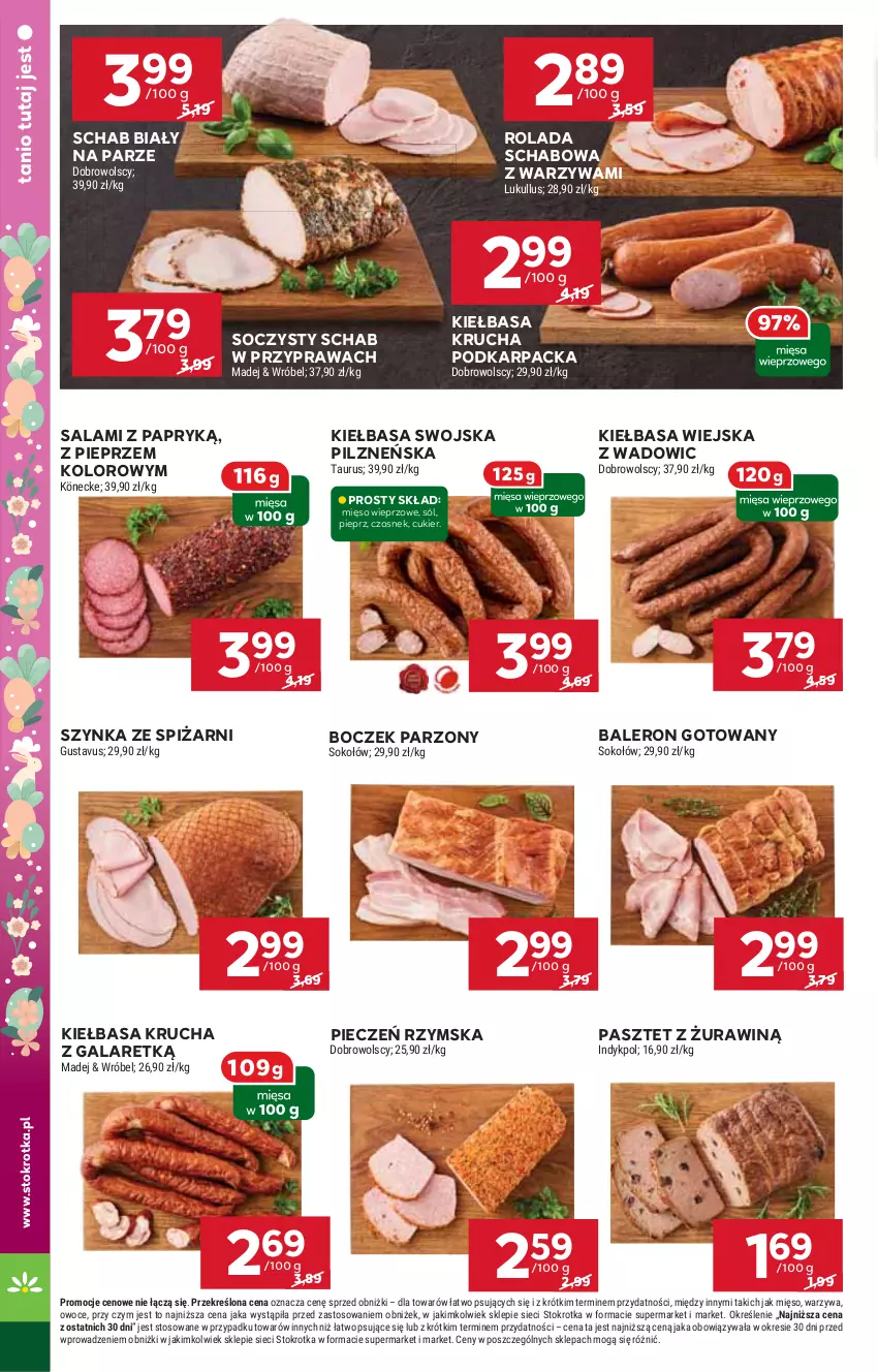 Gazetka promocyjna Stokrotka - Market - ważna 16.04 do 22.04.2025 - strona 12 - produkty: Boczek, Cukier, Czosnek, Gala, Karp, Kiełbasa, Kiełbasa krucha, Kiełbasa wiejska, Mięso, Mięso wieprzowe, Owoce, Pasztet, Piec, Pieczeń rzymska, Pieprz, Rolada, Salami, Salami z papryką, Sok, Sokołów, Sól, Szynka, Warzywa