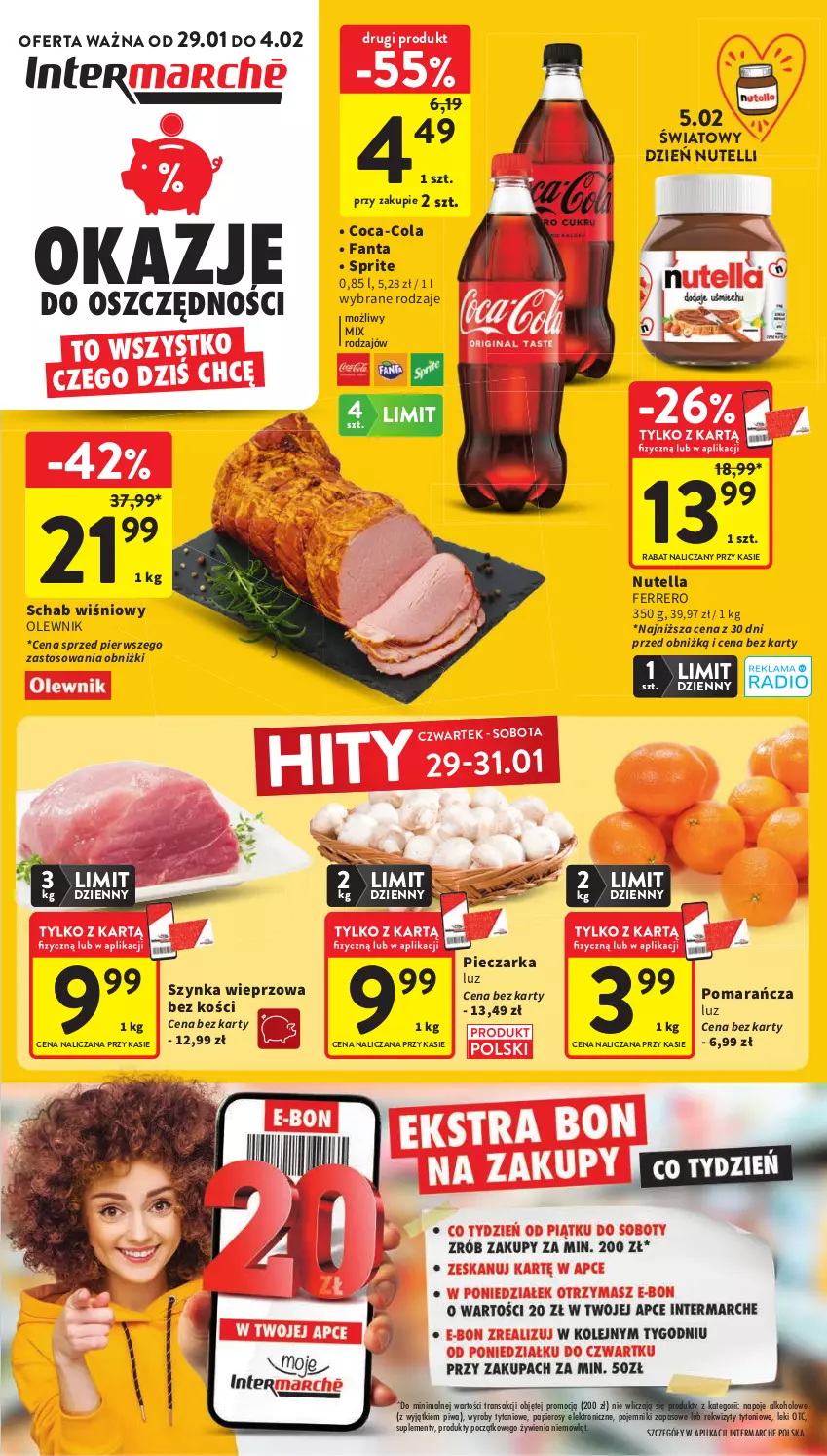 Gazetka promocyjna Intermarche - Gazetka promocyjna - ważna 29.01 do 04.02.2026 - strona 1 - produkty: Coca-Cola, Fa, Fanta, Ferrero, Napoje, Nutella, Olewnik, Papier, Piec, Pieczarka, Piwa, Pojemnik, Sprite, Szynka, Szynka wieprzowa, Tran