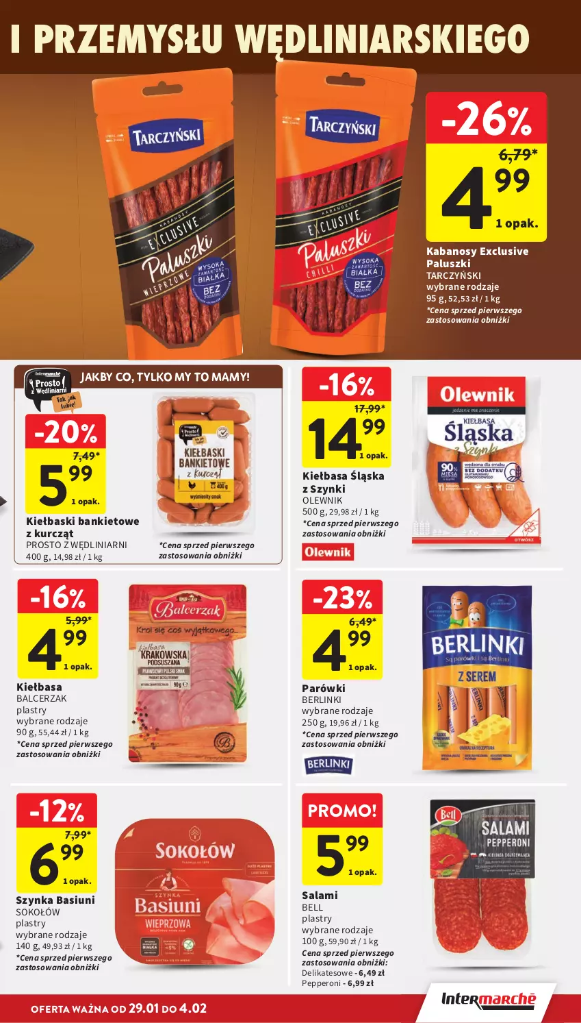 Gazetka promocyjna Intermarche - Gazetka promocyjna - ważna 29.01 do 04.02.2026 - strona 17 - produkty: Bell, Berlinki, Kabanos, Kiełbasa, Kiełbasa śląska, Olewnik, Parówki, Salami, Sok, Sokołów, Szynka, Tarczyński