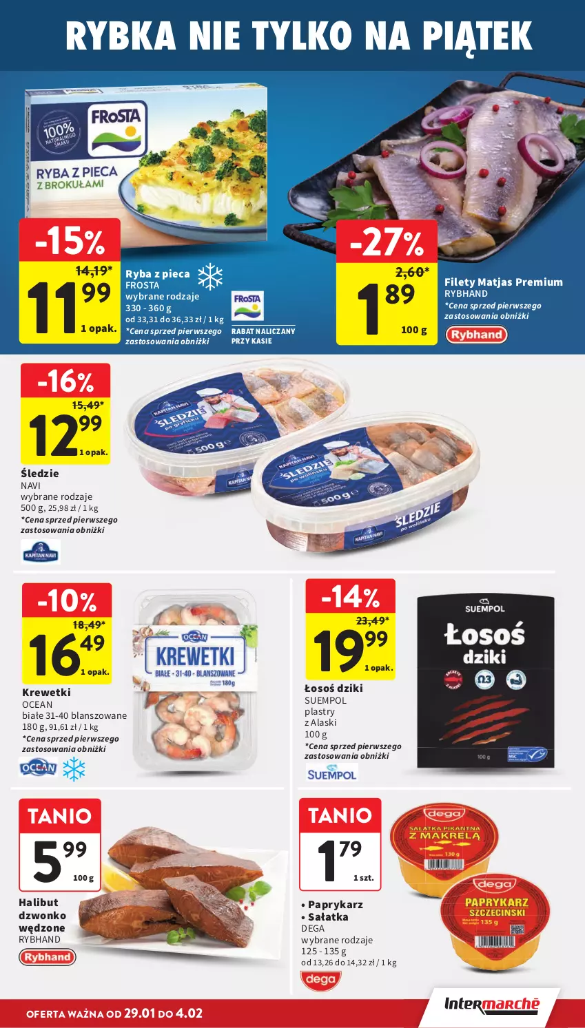 Gazetka promocyjna Intermarche - Gazetka promocyjna - ważna 29.01 do 04.02.2026 - strona 19 - produkty: Dega, Frosta, Halibut, Krewetki, Matjas, Papryka, Paprykarz, Piec, Ryba, Sałat, Sałatka, Suempol