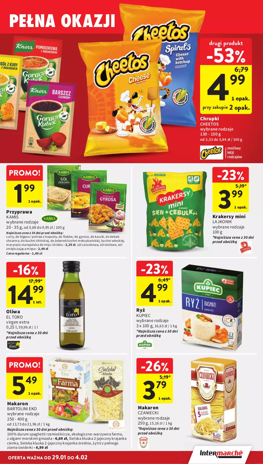 Gazetka promocyjna Intermarche - Gazetka promocyjna - ważna 29.01 do 04.02.2026 - strona 33 - produkty: Bigos, Cheetos, Chrupki, Fa, Gyros, Kamis, Kebab, Krakersy, Kupiec, Lajkonik, LG, Makaron, Mięso, Oliwa, Piec, Rum, Ryż, Shoarma, Sól, Sól zmiękczająca, Sól zmiękczająca mięso, Spaghetti