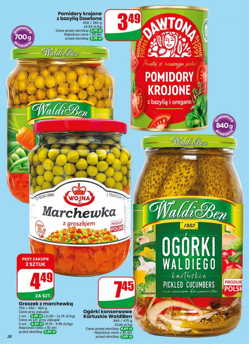 Gazetka promocyjna Dino - Gazetka 44 / 2026 - ważna 28.10 do 03.11.2026 - strona 28 - produkty: Bazyl, Dawtona, Groszek, Marchewka, Ogórki konserwowe, Pomidory, Pomidory krojone, Ser