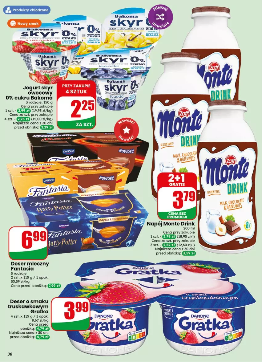 Gazetka promocyjna Dino - Gazetka 44 / 2026 - ważna 28.10 do 03.11.2026 - strona 38 - produkty: Bakoma, Danone, Deser, Deser mleczny, Fa, Fanta, Gra, Jogurt, Monte, Napój, Ser