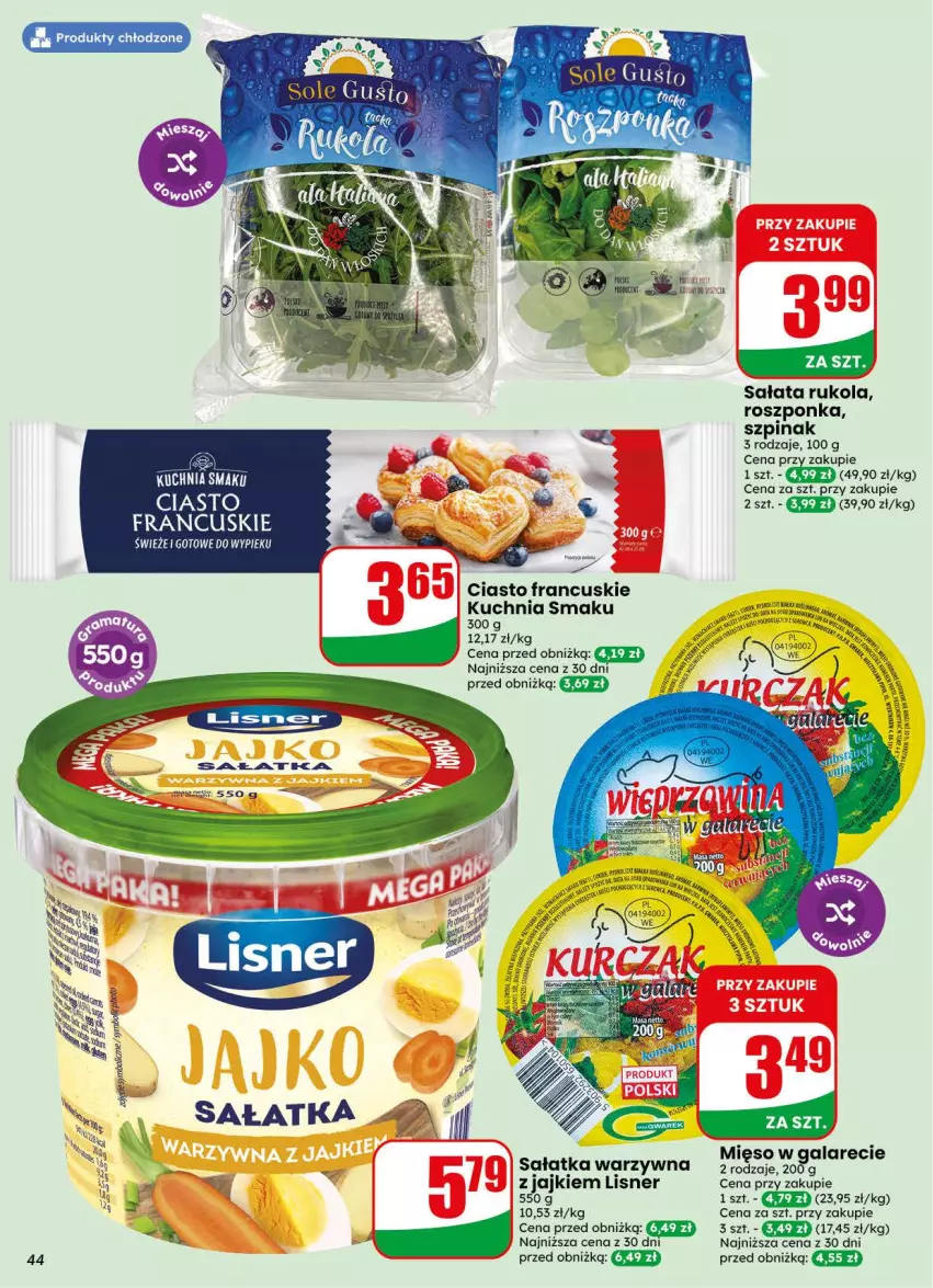 Gazetka promocyjna Dino - Gazetka 44 / 2026 - ważna 28.10 do 03.11.2026 - strona 44 - produkty: Ciasto francuskie, Gala, Kuchnia, Lisner, Mięso, Mięso w galarecie, Roszponka, Rukola, Sałat, Sałatka, Sałatka warzywna, Szpinak