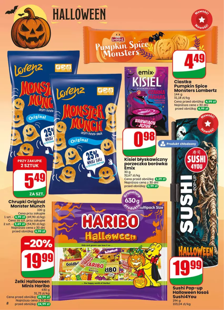 Gazetka promocyjna Dino - Gazetka 44 / 2026 - ważna 28.10 do 03.11.2026 - strona 8 - produkty: Borówka, Chrupki, Ciastka, Gin, Haribo, Kisiel, Monster Munch, Por, Sushi