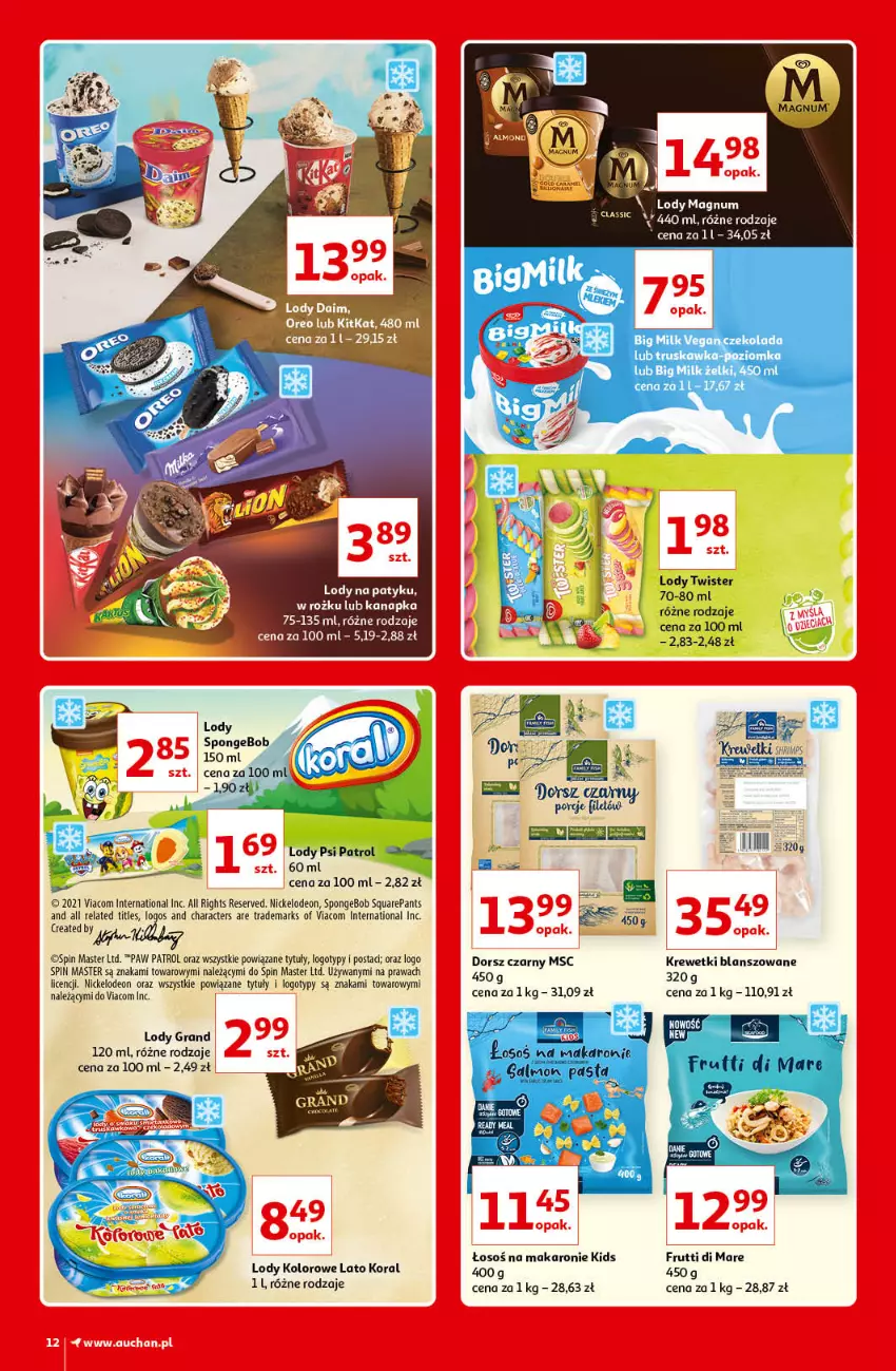 Gazetka promocyjna Auchan - Kultowe Marki Hipermarkety - ważna 09.09 do 15.09.2021 - strona 12 - produkty: Big Milk, Czekolada, Dorsz, Gra, Lody, Makaron, Ser