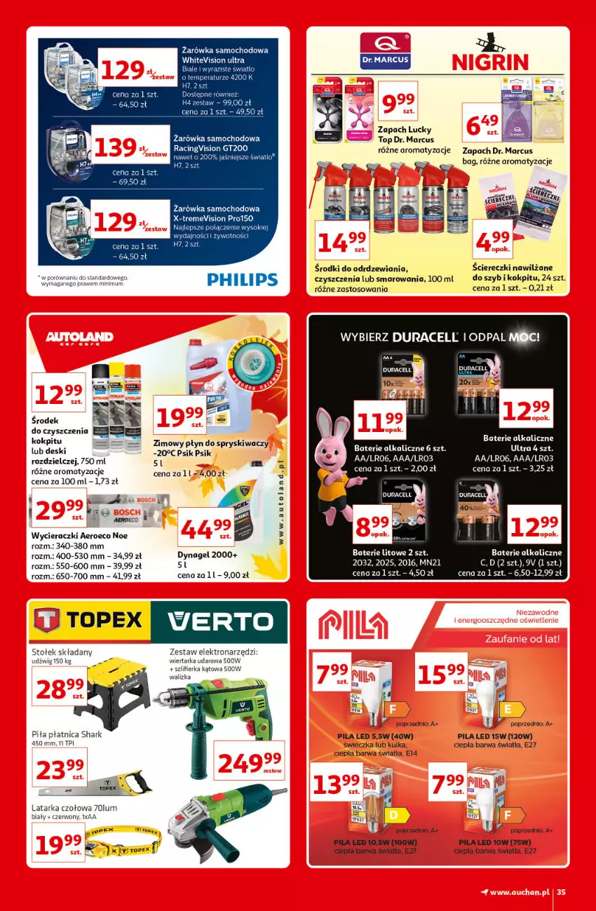 Gazetka promocyjna Auchan - Kultowe Marki Hipermarkety - ważna 09.09 do 15.09.2021 - strona 35 - produkty: Baterie alkaliczne, Duracell, Fa, Latarka, Latarka czołowa, Philips, Piła płatnica, Płyn do spryskiwaczy, Por, Sok, Stołek, Szlifierka, Szlifierka kątowa, Tarka, Top, Walizka, Wiertarka, Wiertarka udarowa