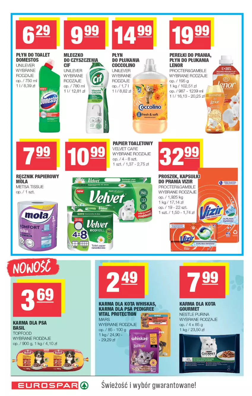 Gazetka promocyjna Spar - EuroSpar - ważna 10.08 do 20.08.2025 - strona 14 - produkty: Cif, Domestos, Kapsułki do prania, Lenor, Mleczko, Mola, Papier, Papier toaletowy, Płyn do płukania, Pur, Purina, Ręcznik, Tera, Top, Velvet, Vizir