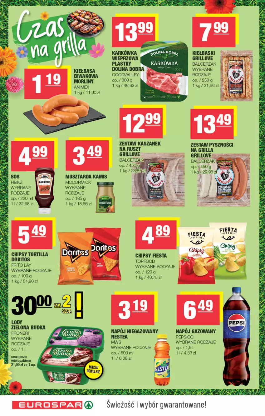 Gazetka promocyjna Spar - EuroSpar - ważna 10.08 do 20.08.2025 - strona 8 - produkty: Chipsy, Grill, Heinz, Kamis, Kasza, Kiełbasa, Lody, Morliny, Mus, Musztarda, Napój, Napój niegazowany, Nestea, Pepsi, Top, Tortilla, Zielona Budka
