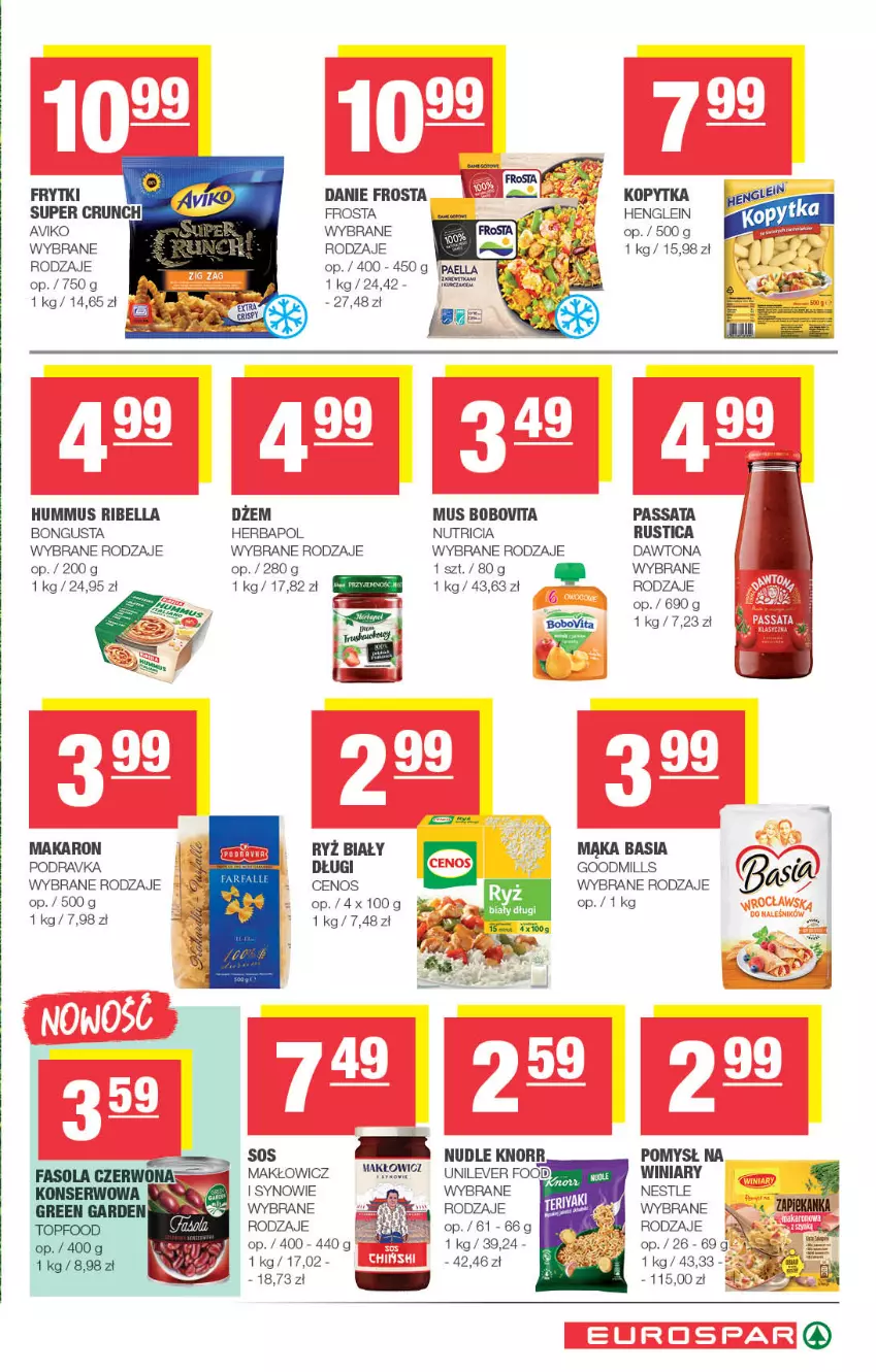 Gazetka promocyjna Spar - EuroSpar - ważna 10.08 do 20.08.2025 - strona 9 - produkty: Basia, Bell, Bella, BoboVita, Cenos, Dawtona, Dżem, Frosta, Frytki, Herbapol, Hummus, Knorr, Kopytka, Mąka, Makaron, Mus, Podravka, Rust, Ryż, Ryż biały, Sos, Winiary