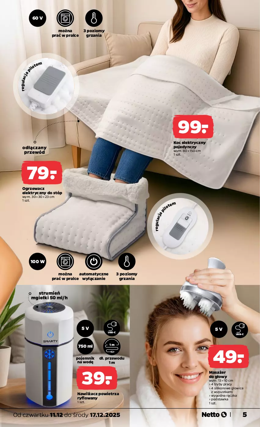 Gazetka promocyjna Netto - Od Czwartku Przemysłowa - ważna 11.12 do 17.12.2025 - strona 5 - produkty: Koc, Masażer, Nawilżacz powietrza, Ogrzewacz elektryczny, Pojemnik, Przewód, Rum