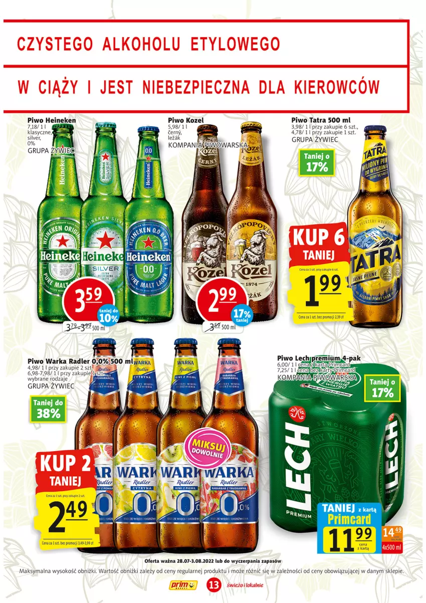 Gazetka promocyjna Prim Market - ważna 28.07 do 01.08.2022 - strona 13 - produkty: Heineken, Kozel, Piwo, Radler, Sok, Tatra, Warka