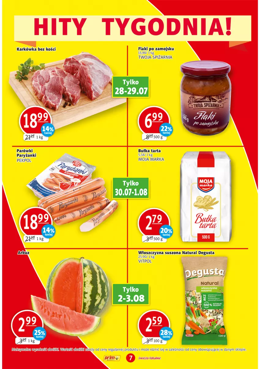 Gazetka promocyjna Prim Market - ważna 28.07 do 01.08.2022 - strona 7 - produkty: Arbuz, Bułka, Bułka tarta, Flaki, Flaki po zamojsku, Parówki, Pekpol, Ryż, Tarta