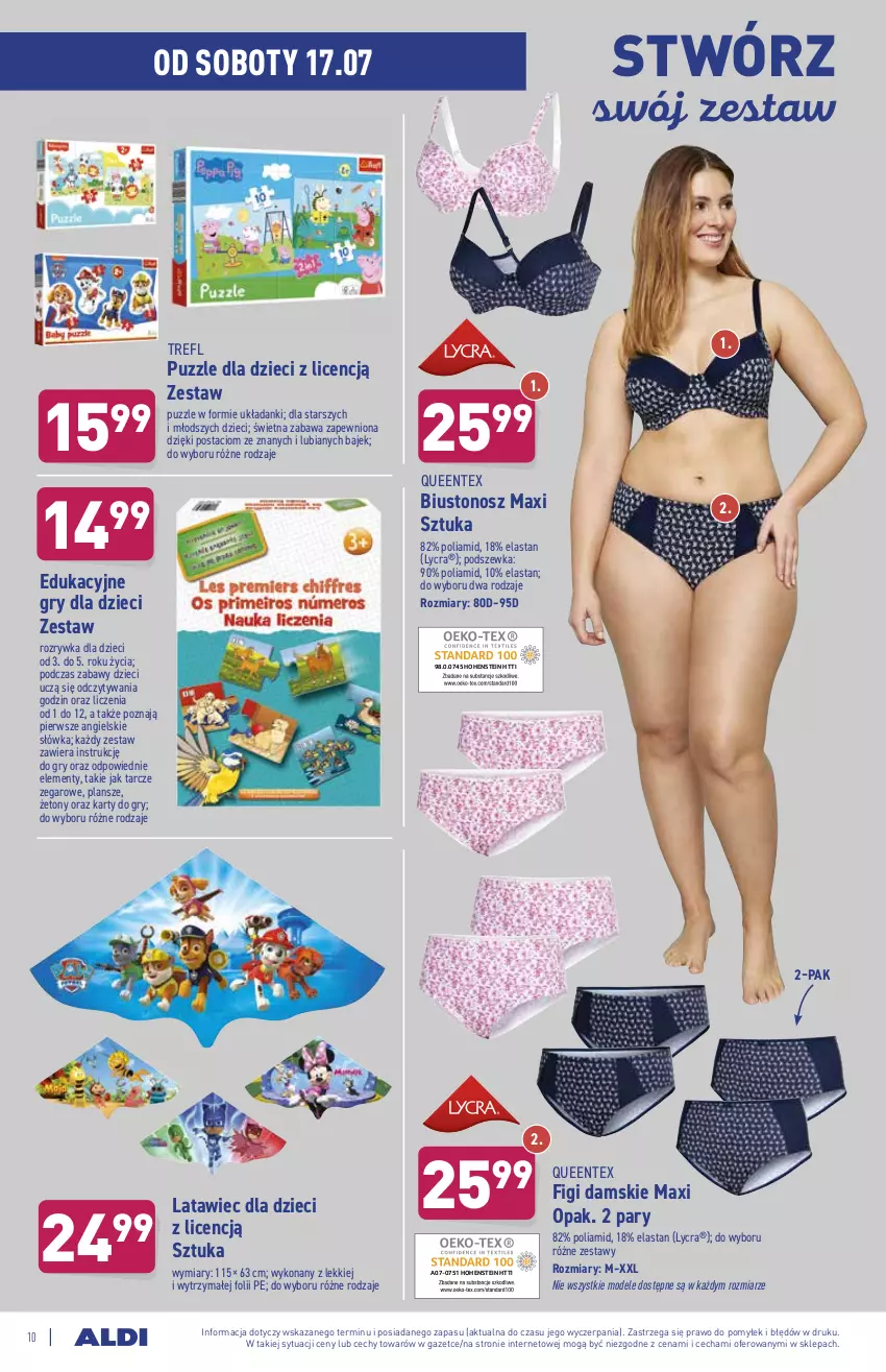 Gazetka promocyjna Aldi - ważna 14.07 do 17.07.2021 - strona 10 - produkty: Biustonosz, Dzieci, Figi, Gry, Puzzle, Queentex, Zegar