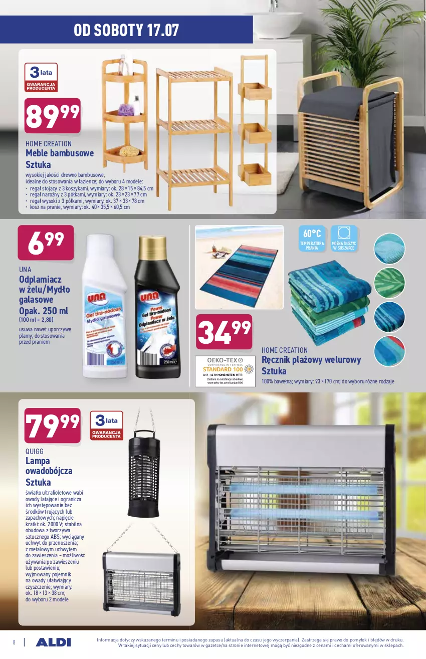 Gazetka promocyjna Aldi - ważna 14.07 do 17.07.2021 - strona 8 - produkty: Gala, Gra, Kosz, Lampa, Meble, Mydło, Odplamiacz, Pojemnik, Półka, Por, Ręcznik, Regał, Sok, Wełna