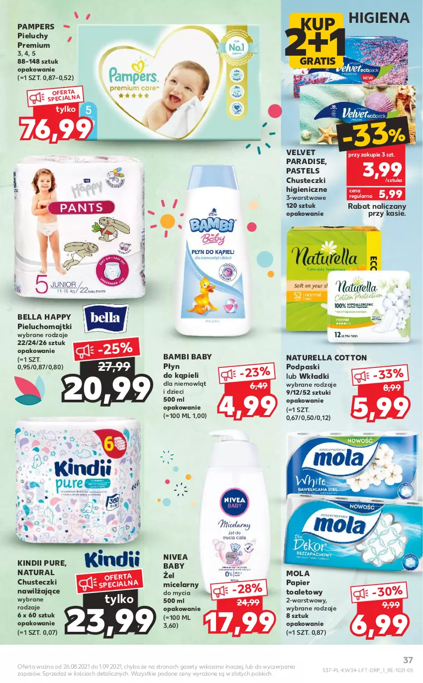 Gazetka promocyjna Kaufland - OFERTA TYGODNIA - ważna 26.08 do 01.09.2021 - strona 37 - produkty: Bell, Bella, Chusteczki, Dzieci, Gra, Kindii, Majtki, Mola, Naturell, Naturella, Nivea, Nivea Baby, Pampers, Papier, Papier toaletowy, Pieluchomajtki, Pieluchy, Płyn do kąpieli, Podpaski, Pur, Velvet, Wkładki