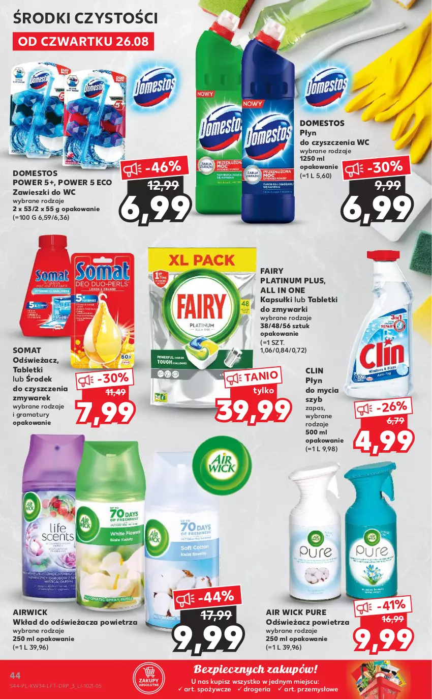 Gazetka promocyjna Kaufland - OFERTA TYGODNIA - ważna 26.08 do 01.09.2021 - strona 44 - produkty: Air Wick, Clin, Domestos, Fa, Fairy, Gra, Odświeżacz powietrza, Piec, Płyn do czyszczenia wc, Płyn do mycia, Pur, Rama, Somat, Tablet, Tabletki do zmywarki, Zawieszki, Zmywarki