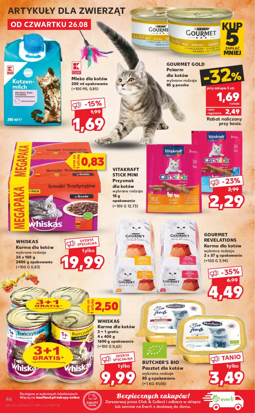 Gazetka promocyjna Kaufland - OFERTA TYGODNIA - ważna 26.08 do 01.09.2021 - strona 46 - produkty: Butcher's, Gourmet Gold, Gra, Mleko, Mleko dla kotów, Pasztet, Piec, Vitakraft, Whiskas