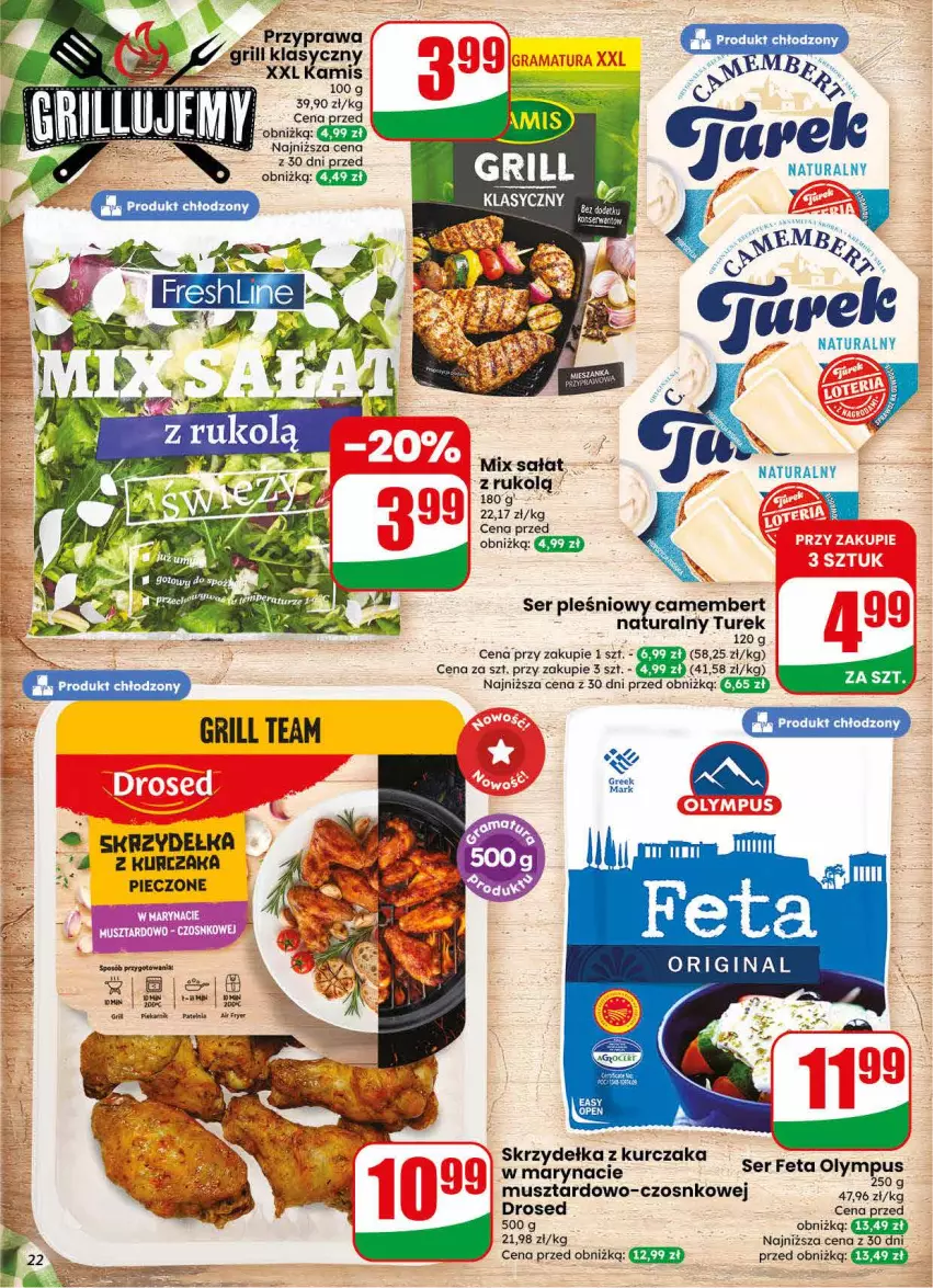 Gazetka promocyjna Dino - Gazetka 30 / 2026 - ważna 22.07 do 28.07.2026 - strona 22 - produkty: Camembert, Feta, Grill, Kamis, Kurczak, Mus, Patelnia, Piec, Piekarnik, Sałat, Ser, Ser pleśniowy, Skrzydełka z kurczaka