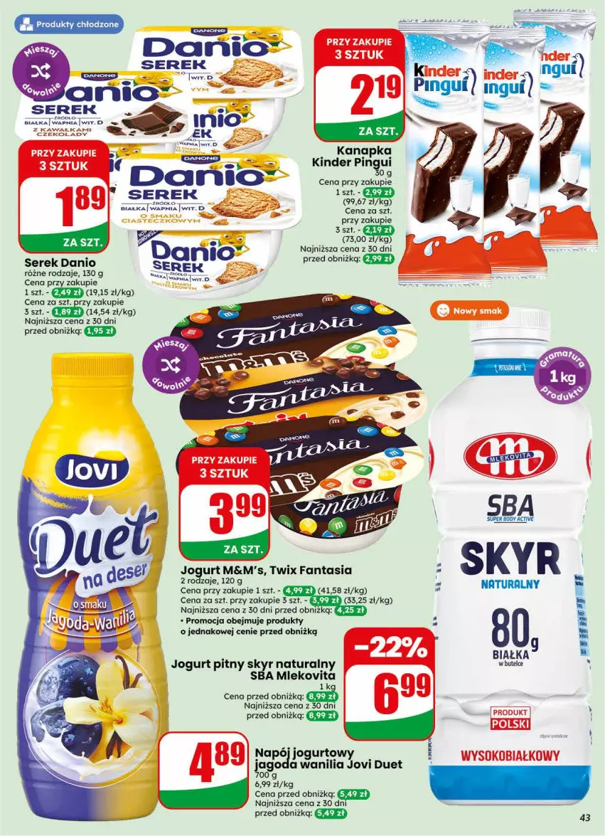 Gazetka promocyjna Dino - Gazetka 30 / 2026 - ważna 22.07 do 28.07.2026 - strona 43 - produkty: Body, Danio, Fa, Fanta, Jogurt, Kawa, Kinder, Napój, Napój jogurtowy, Por, Ser, Serek, Siatka, Twix