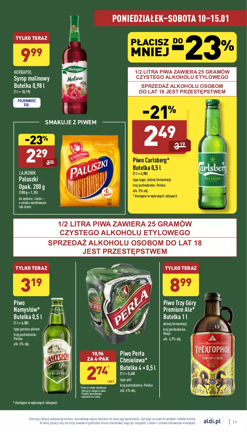 Gazetka promocyjna Aldi - Pełny katalog - ważna 10.01 do 15.01.2022 - strona 11 - produkty: Carlsberg, Gra, Herbapol, Lajkonik, Namysłów, Perła, Piwa, Piwo, Syrop, Tera