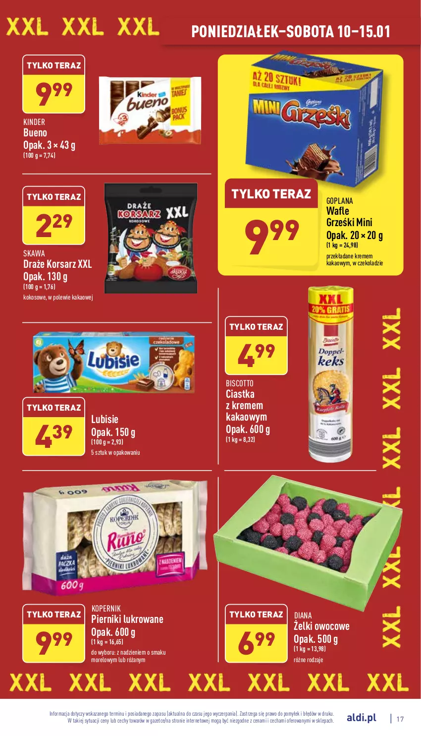 Gazetka promocyjna Aldi - Pełny katalog - ważna 10.01 do 15.01.2022 - strona 17 - produkty: Ciastka, Goplana, Grześki, Kakao, Kawa, Kinder, Kinder Bueno, Kokos, LANA, Lubisie, Piernik, Róża, Tera, Wafle