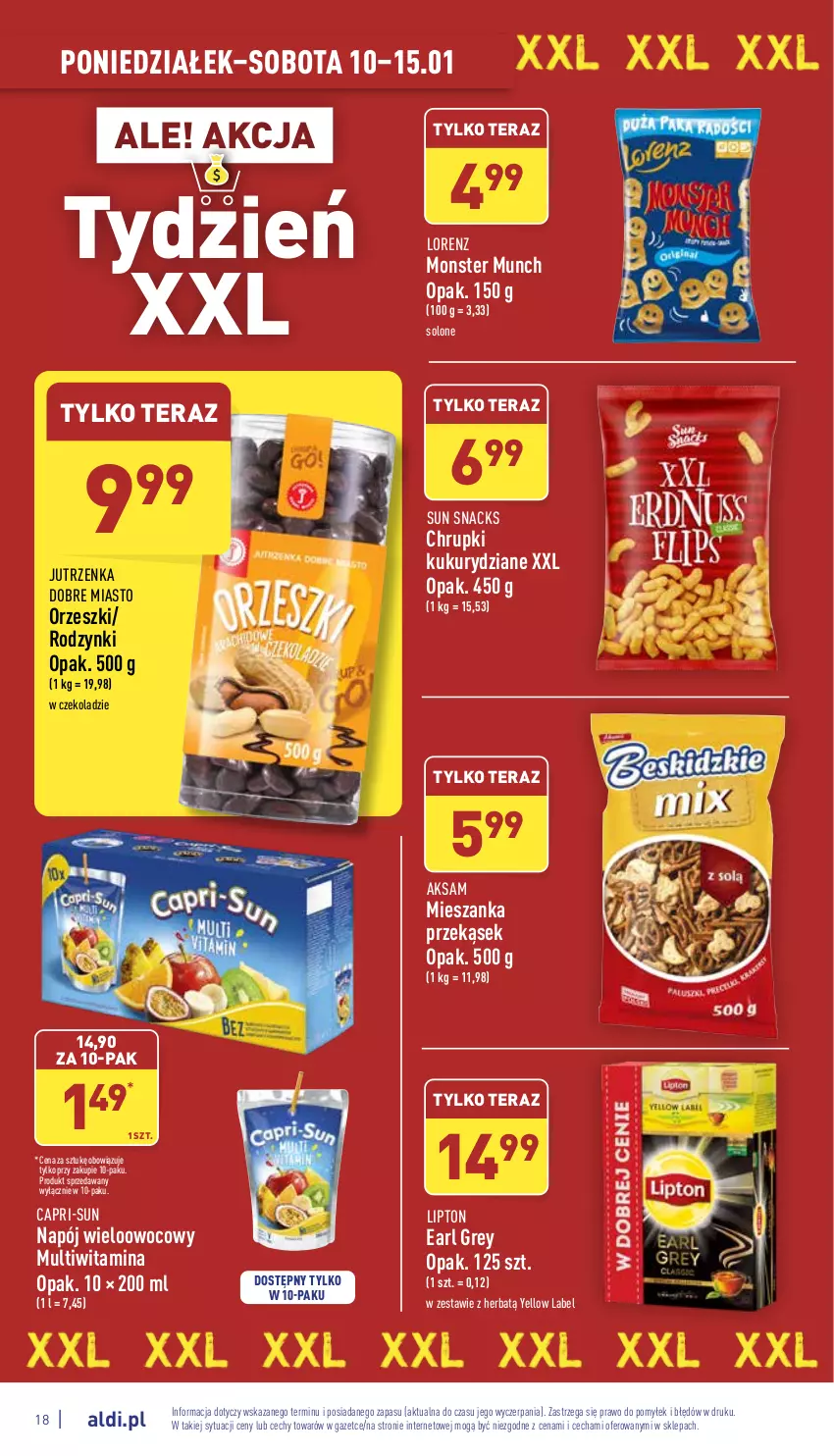 Gazetka promocyjna Aldi - Pełny katalog - ważna 10.01 do 15.01.2022 - strona 18 - produkty: Aksam, Chrupki, Earl Grey, Jutrzenka, Lipton, Lorenz, Monster Munch, Napój, Orzeszki, Rodzynki, Tera