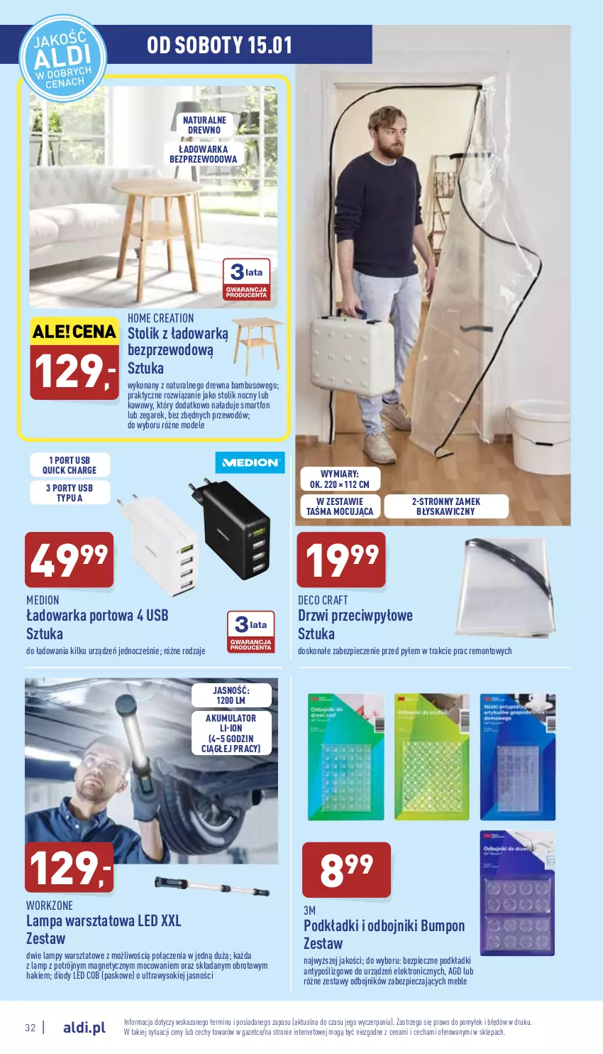 Gazetka promocyjna Aldi - Pełny katalog - ważna 10.01 do 15.01.2022 - strona 32 - produkty: Akumulator, Drzwi, Lampa, Meble, Piec, Podkład, Por, Smartfon, Sok, Stolik, Stolik nocny, Warka, Zegar, Zegarek