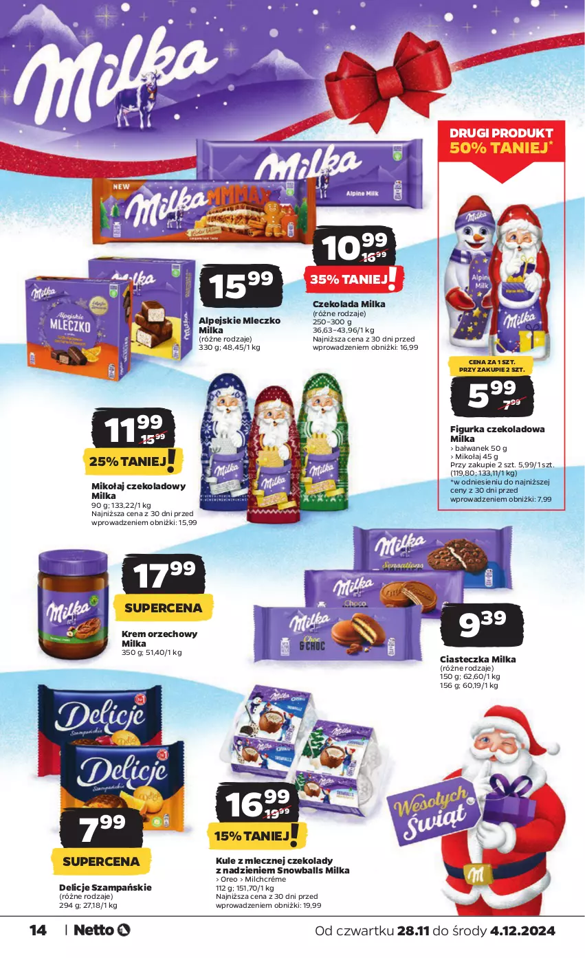 Gazetka promocyjna Netto - Od Czwartku - ważna 28.11 do 04.12.2024 - strona 14 - produkty: Czekolada, Delicje, Krem orzechowy, Milka, Mleczko, Oreo