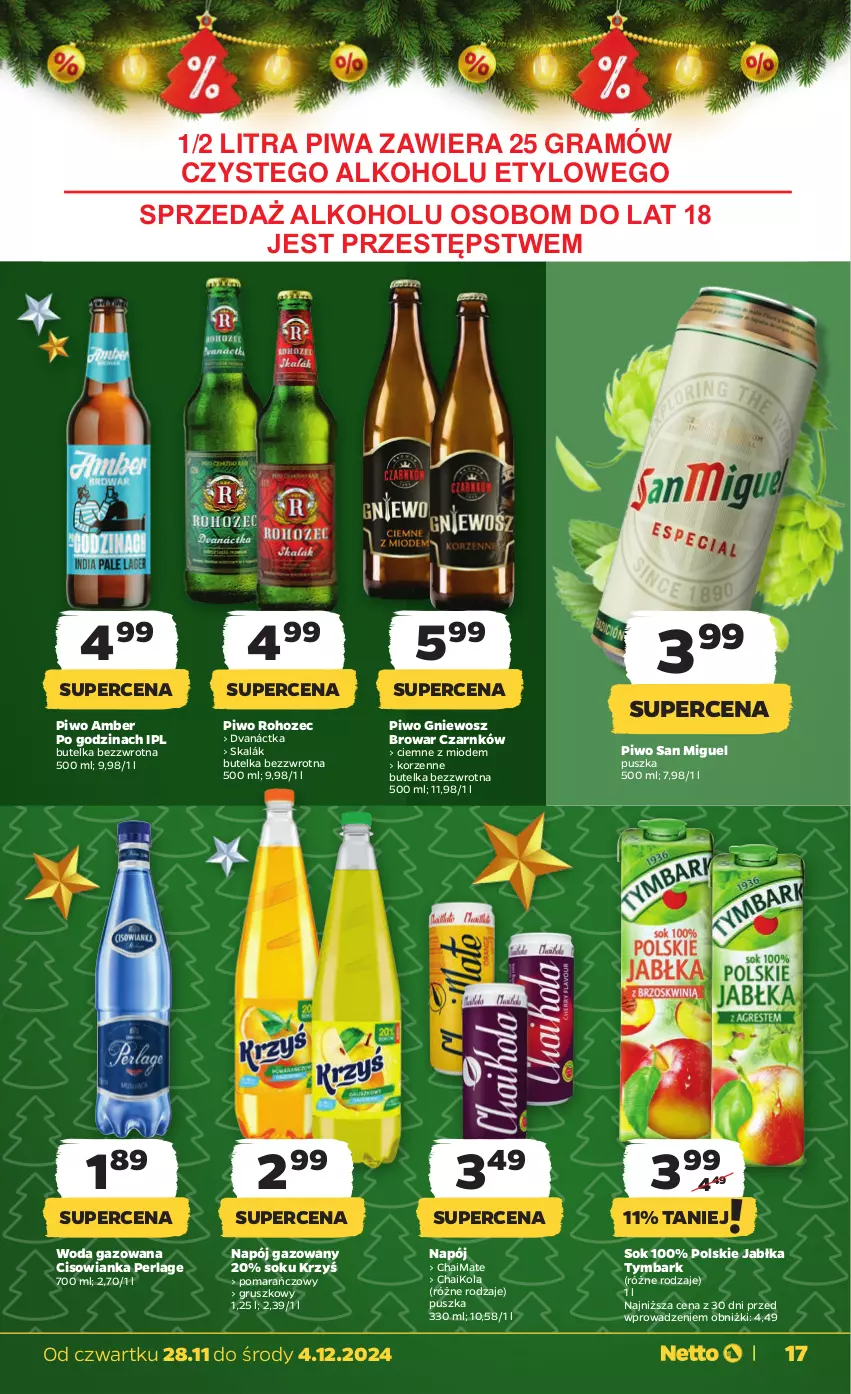 Gazetka promocyjna Netto - Od Czwartku - ważna 28.11 do 04.12.2024 - strona 17 - produkty: Cisowianka, Gra, Jabłka, Napój, Napój gazowany, Piwa, Piwo, Sok, Tymbark, Woda, Woda gazowana