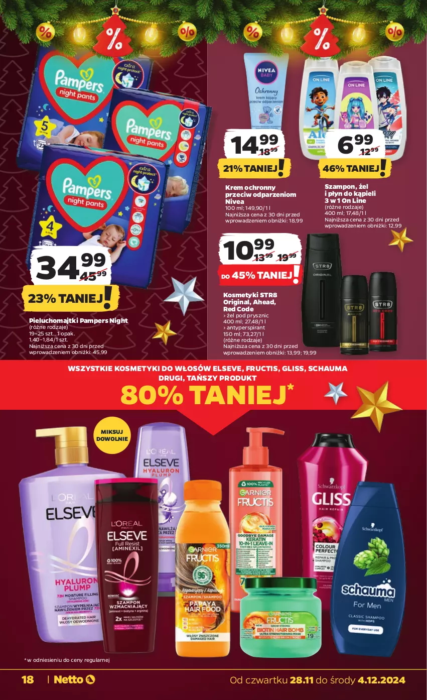 Gazetka promocyjna Netto - Od Czwartku - ważna 28.11 do 04.12.2024 - strona 18 - produkty: Antyperspirant, Elseve, Fructis, Gin, Majtki, Nivea, Pampers, Pieluchomajtki, Płyn do kąpieli, Schauma, Str8, Szampon