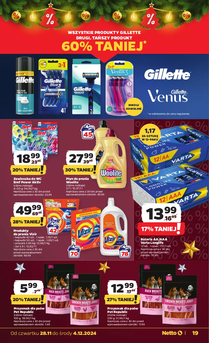 Gazetka promocyjna Netto - Od Czwartku - ważna 28.11 do 04.12.2024 - strona 19 - produkty: Bateria, Bref, Gillette, Płyn do prania, Varta, Vizir, Woolite, Zawieszka do wc