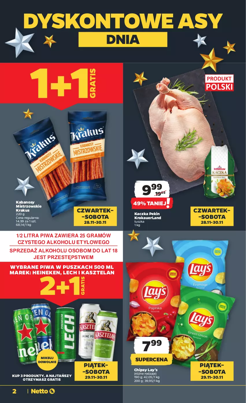 Gazetka promocyjna Netto - Od Czwartku - ważna 28.11 do 04.12.2024 - strona 2 - produkty: Chipsy, Gra, Heineken, Kabanos, Kaczka, Kasztelan, Krakus, Lay’s, Piwa, Tusz