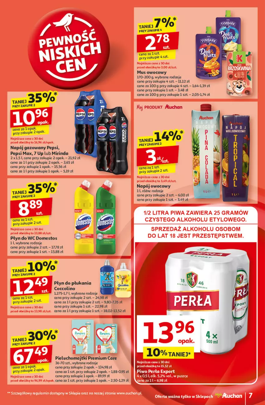 Gazetka promocyjna Auchan - Pewność Niskich Cen Moje - ważna 31.10 do 06.11.2024 - strona 9 - produkty: Coccolino, Domestos, Majtki, Mirinda, Mus, Napój, Napój gazowany, Pepsi, Pepsi max, Pieluchomajtki, Płyn do płukania, Płyn do wc