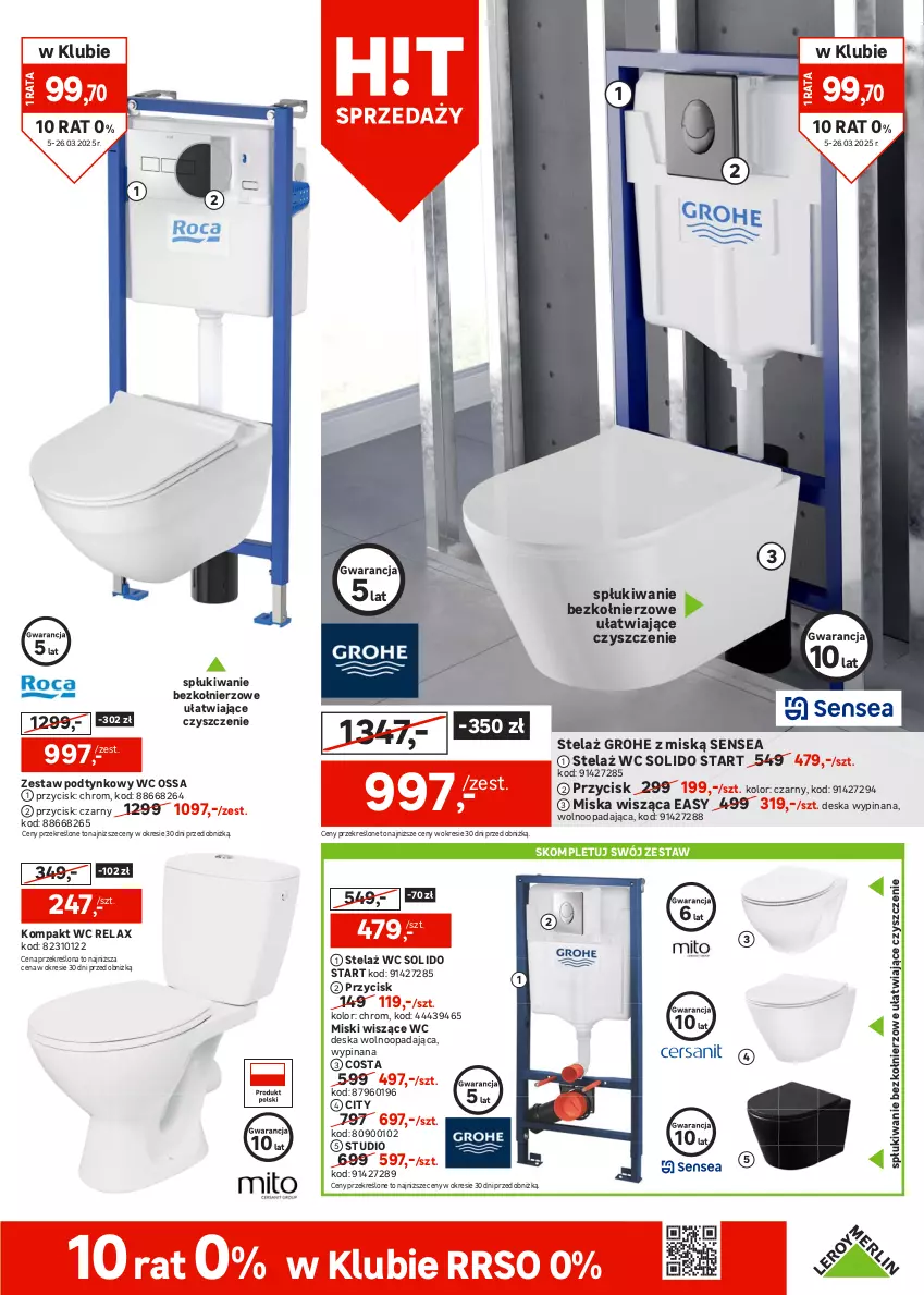 Gazetka promocyjna Leroy Merlin - Gazetka Leroy Merlin - ważna 05.03 do 26.03.2025 - strona 17 - produkty: Bateria, Brodzik, Deska wolnoopadająca, Fa, Gra, Grohe, Klej, Kompakt WC, Miska, Miska wisząca, Ser, Sok, Termos, Wanna, Zestaw podtynkowy WC