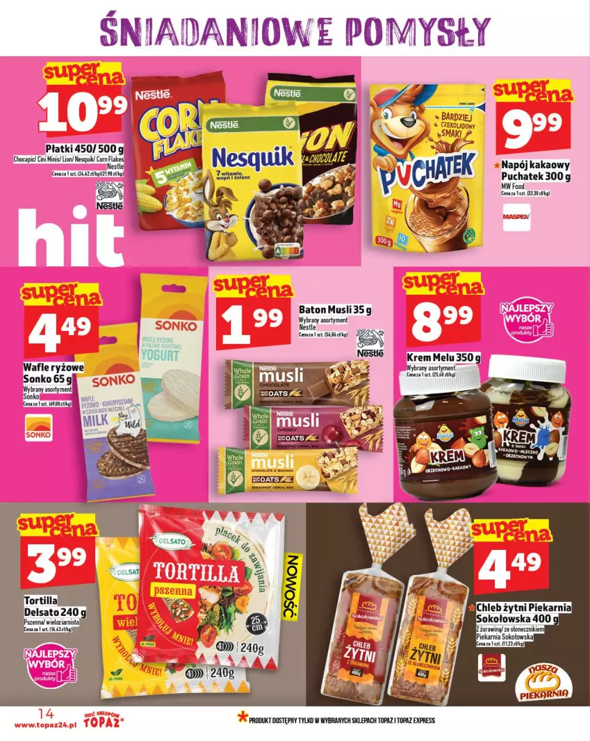 Gazetka promocyjna Topaz - Gazetka - ważna 13.11 do 19.11.2025 - strona 14 - produkty: Baton, Chleb, Cini Minis, Danio, Kakao, Lion, Mus, Napój, Nesquik, Ryż, Sok, Sonko, Top, Wafle