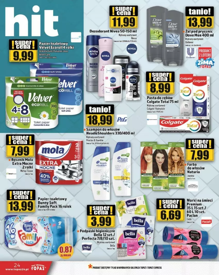 Gazetka promocyjna Topaz - ważna 23.01.2025 do 22.01.2026 - strona 17 - produkty: Bell, Bella, Colgate, Colgate Total, Dezodorant, Dove, Fa, Joanna, LG, Nivea, Papier, Papier toaletowy, Pasta do zębów, Perfecta, Piec, Podpaski, Rolki, Rum, Szampon, Top, Velvet, Worki na śmiec, Worki na śmieci