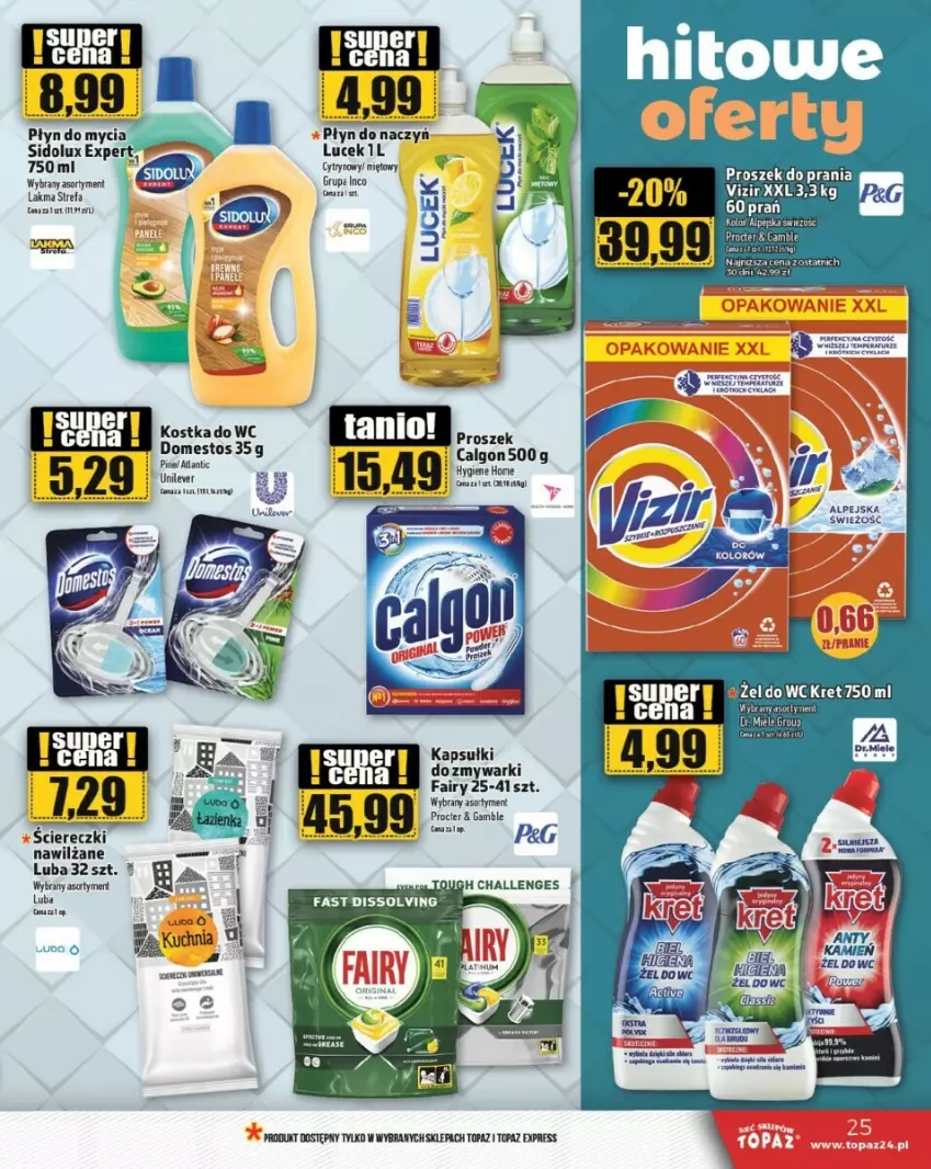 Gazetka promocyjna Topaz - ważna 23.01.2025 do 22.01.2026 - strona 18 - produkty: Botki, Calgon, Domestos, Fa, Fairy, Kret, Kuchnia, LANA, LG, Por, Proszek do prania, Top, Vizir, Zmywarki